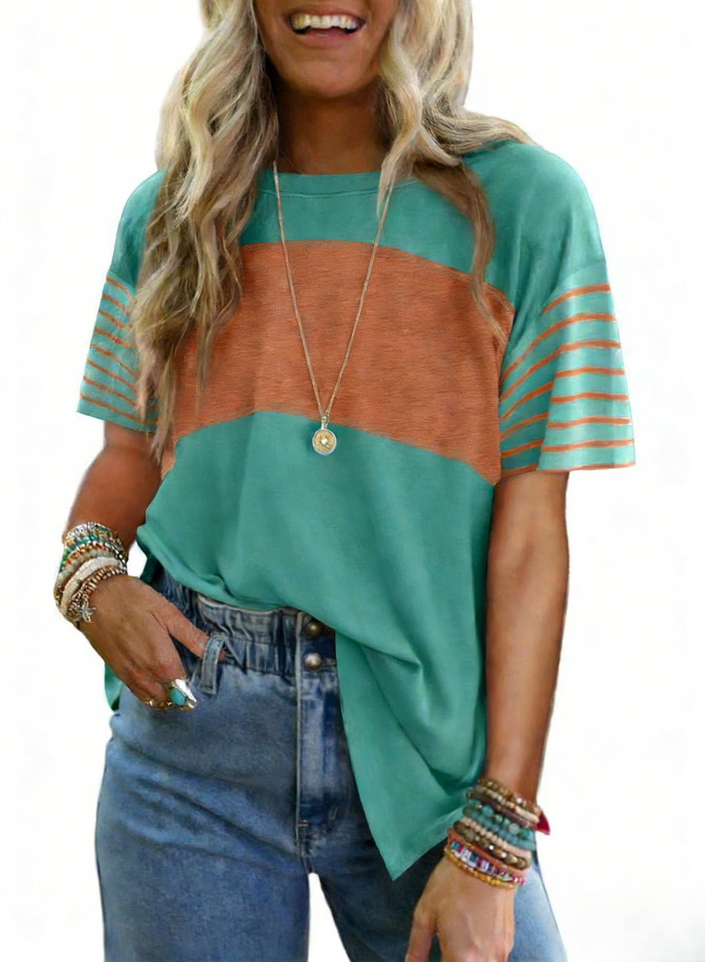 Colorblock Tee With Striped Short Sleeves - BlueGreen