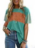Colorblock Tee With Striped Short Sleeves - BlueGreen