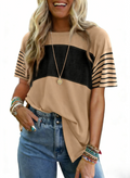 Colorblock Tee With Striped Short Sleeves - Khaki