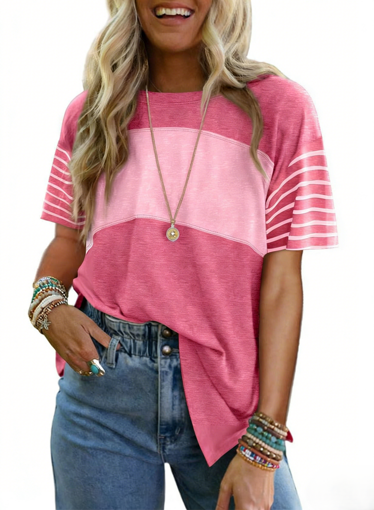 Colorblock Tee With Striped Short Sleeves - Pink