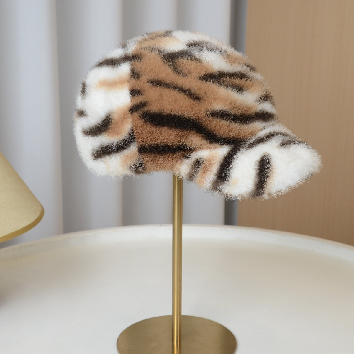 Fuzzy Tiger Stripe Baseball Cap for Cold Weather - Brown