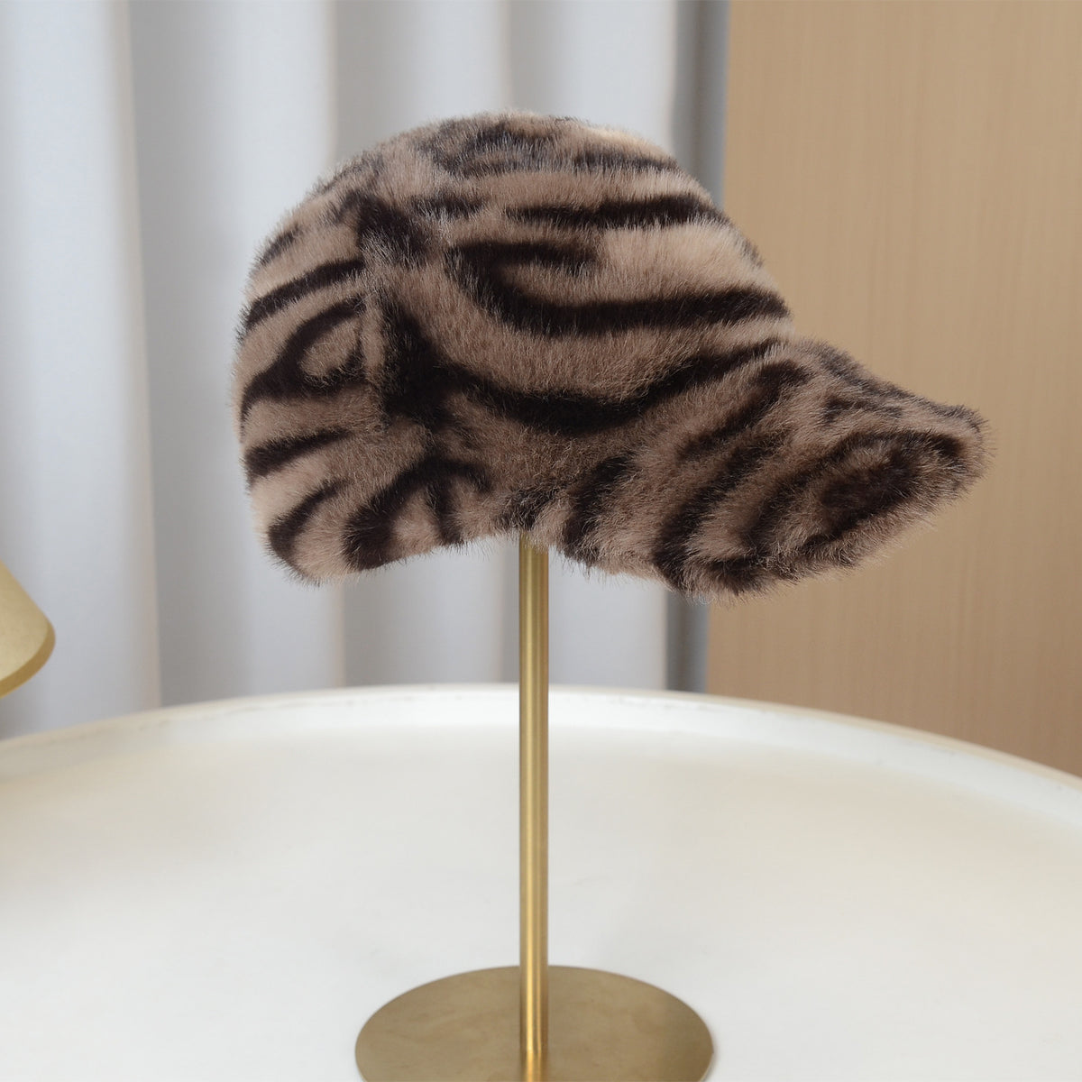 Fuzzy Tiger Stripe Baseball Cap for Cold Weather - Coffee