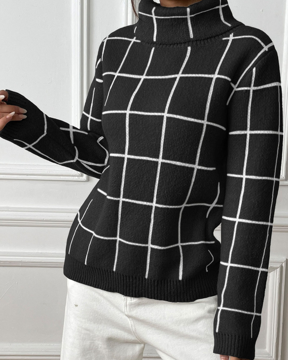 Windowpane Check Turtleneck Knit Sweater - Black