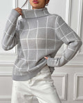 Windowpane Check Turtleneck Knit Sweater - Grey