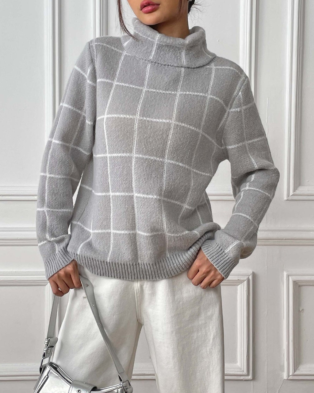 Windowpane Check Turtleneck Knit Sweater - Grey - 1