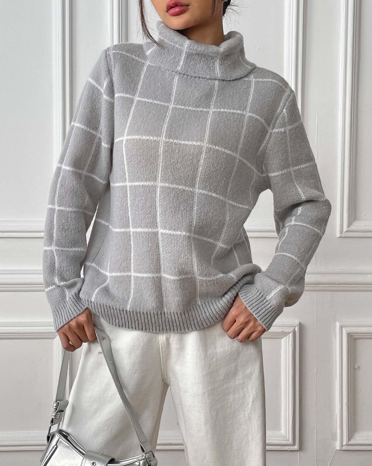 Windowpane Check Turtleneck Knit Sweater - Grey - 1