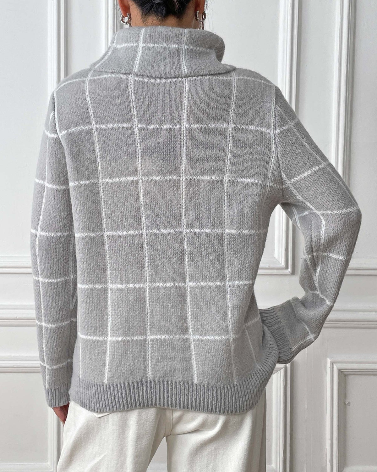 Windowpane Check Turtleneck Knit Sweater - Grey - 2