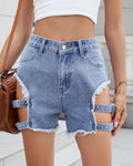 High Rise Cutout Denim Shorts With Buckles - Blue