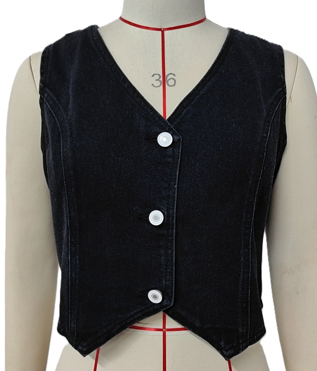 Fitted Denim Button Front Vest - Black