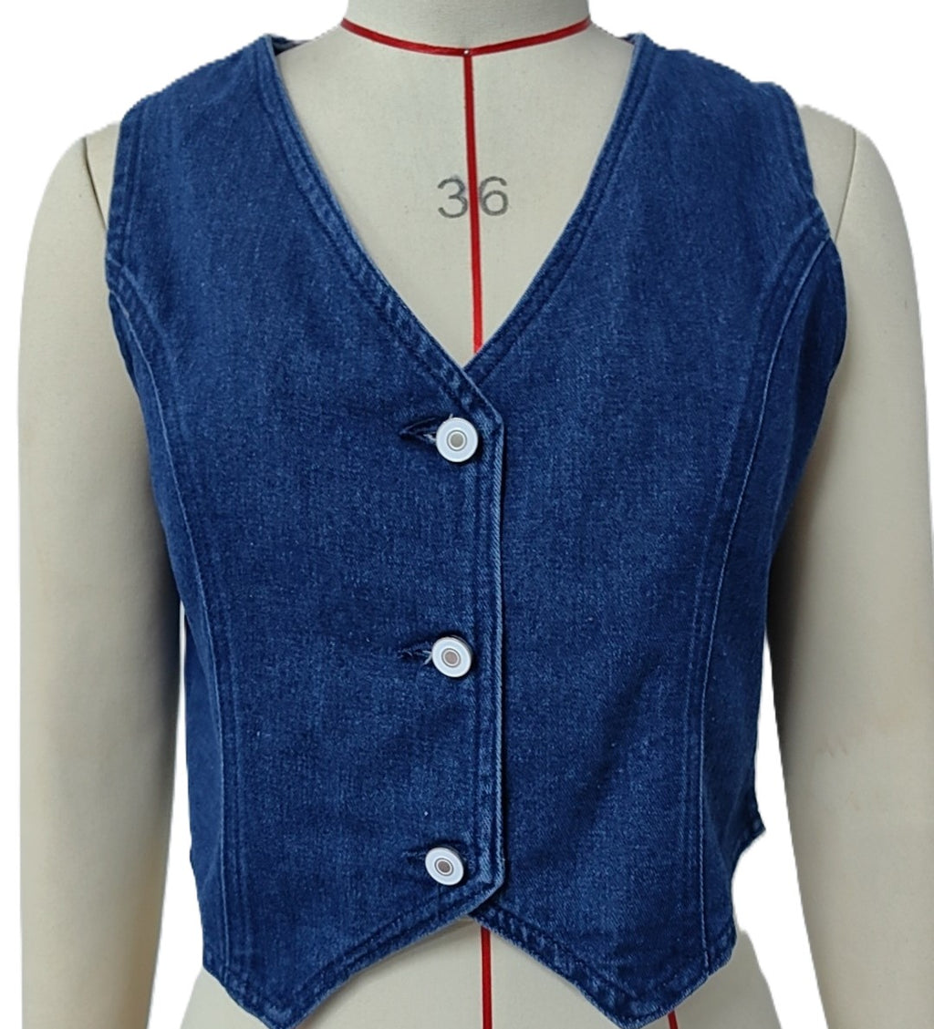 Fitted Denim Button Front Vest - Blue