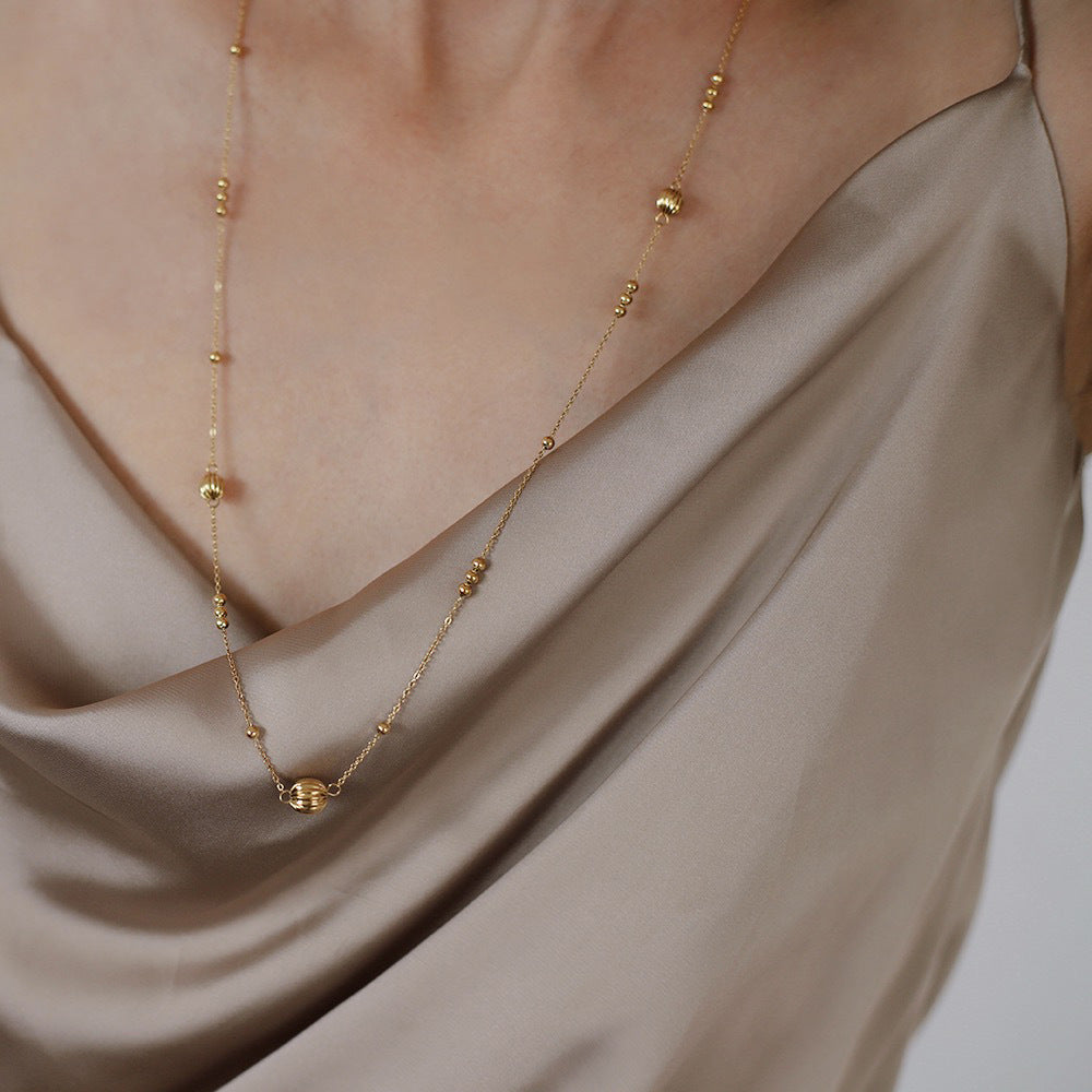 Long Station Chain Ball Bead Necklace - Gold - 1