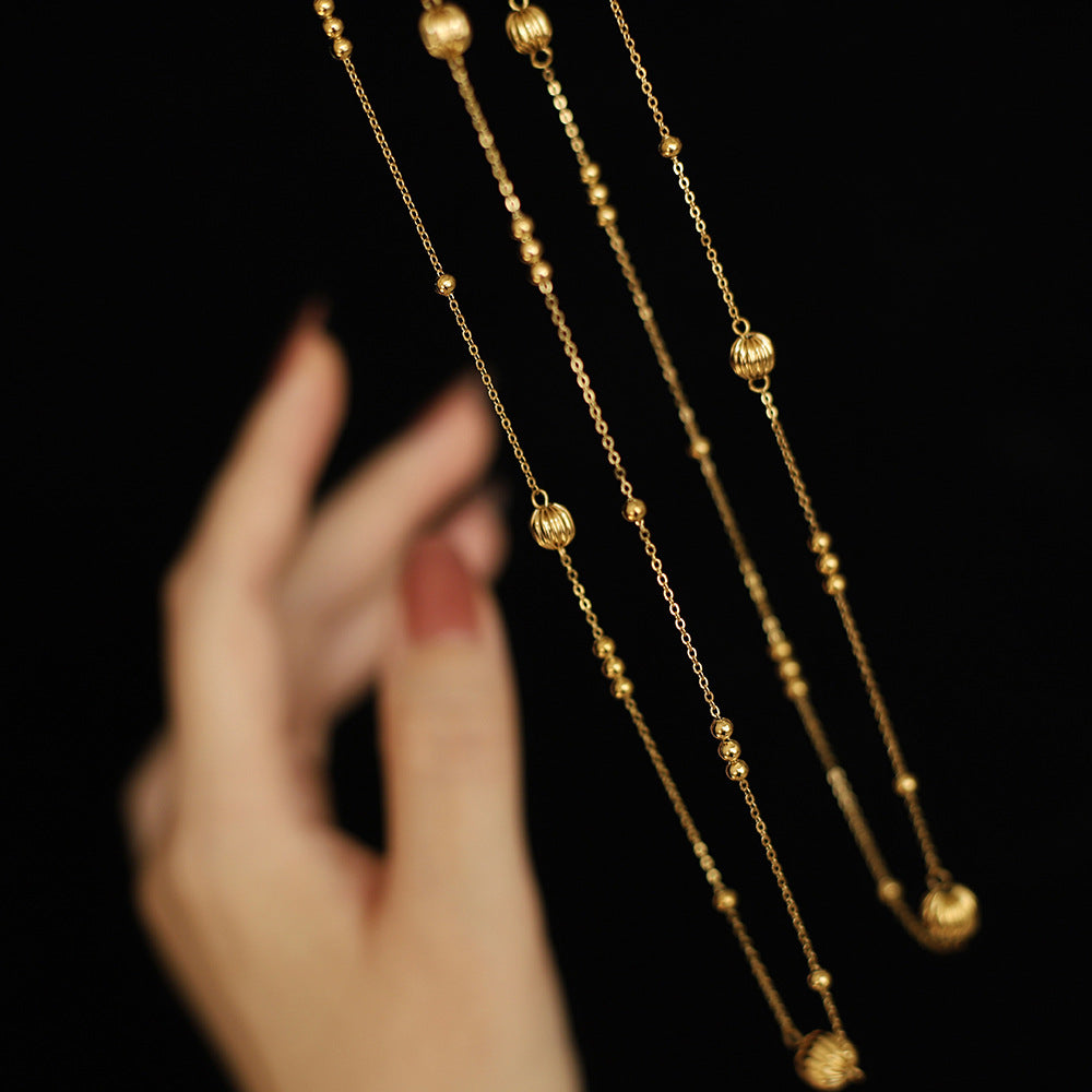 Long Station Chain Ball Bead Necklace - Gold - 4