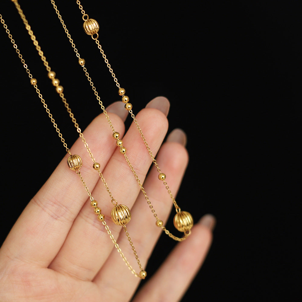 Long Station Chain Ball Bead Necklace - Gold - 7