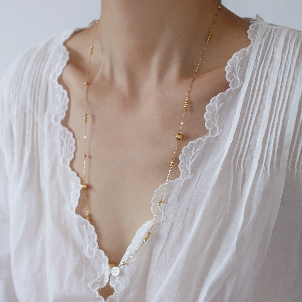 Long Station Chain Ball Bead Necklace - Gold - 8