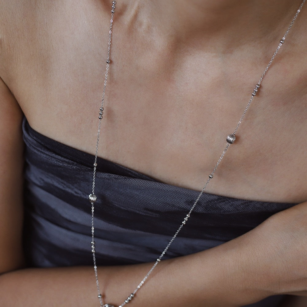 Long Station Chain Ball Bead Necklace - Silvery - 4