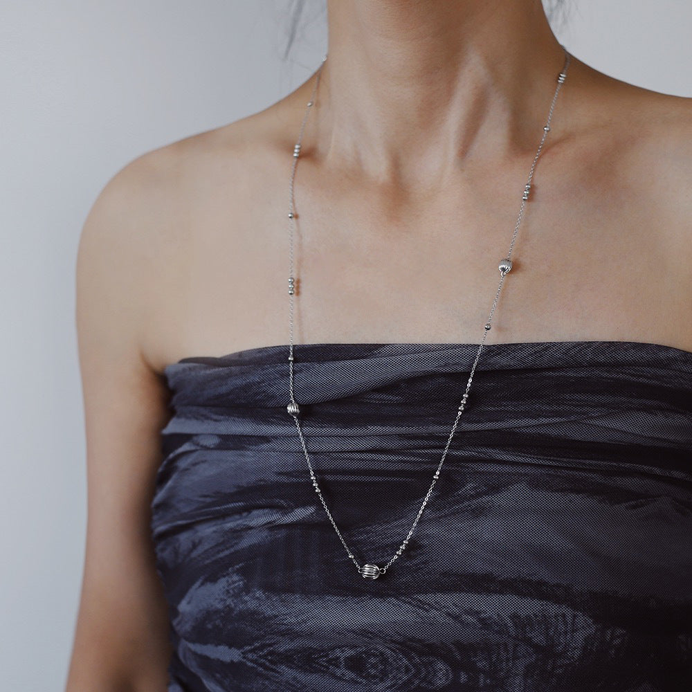 Long Station Chain Ball Bead Necklace - Silvery - 5