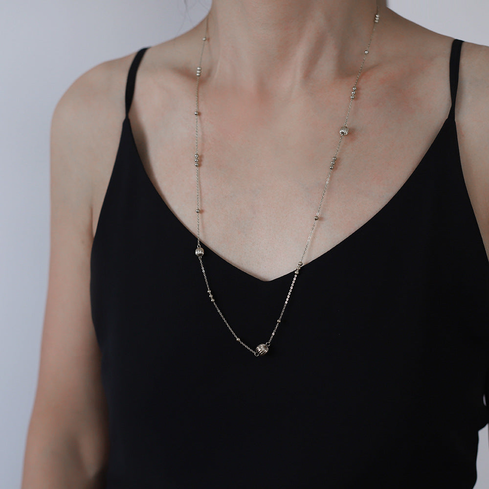 Long Station Chain Ball Bead Necklace - Silvery - 6