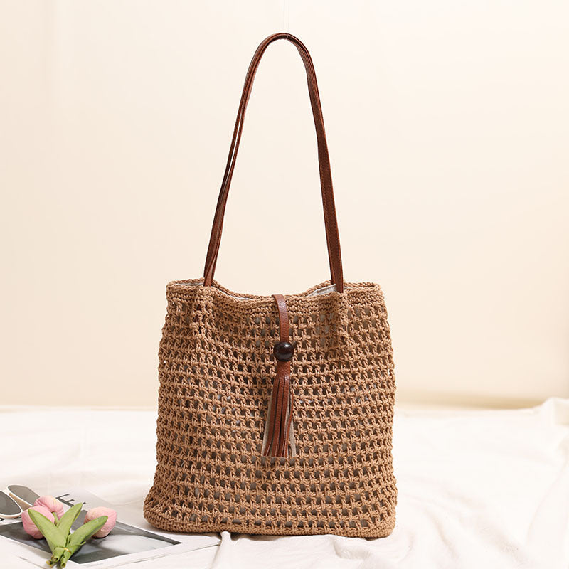 Crochet Bucket Shoulder Bag With Tassel - Color_1