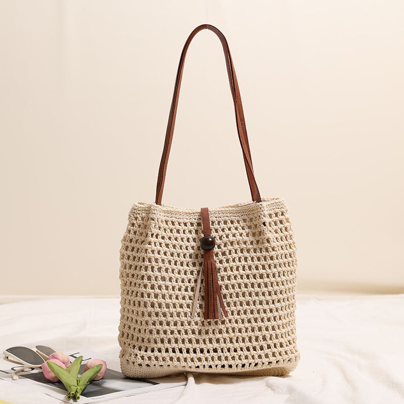 Crochet Bucket Shoulder Bag With Tassel - Color_2