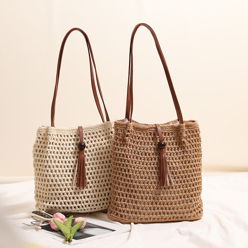 Crochet Bucket Shoulder Bag With Tassel