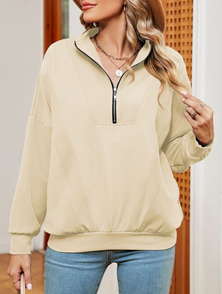 Half Zip Stand Collar Oversized Sweatshirt - Apricot