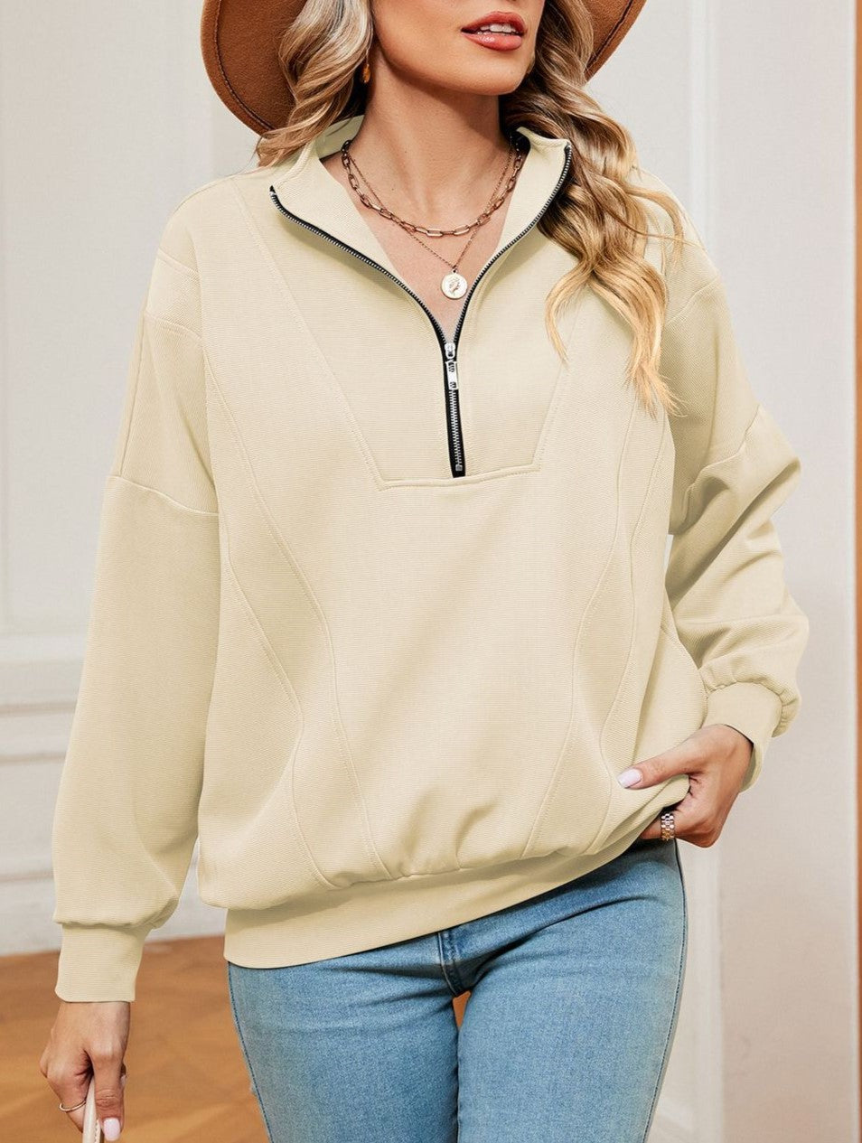 Half Zip Stand Collar Oversized Sweatshirt - Apricot - 1
