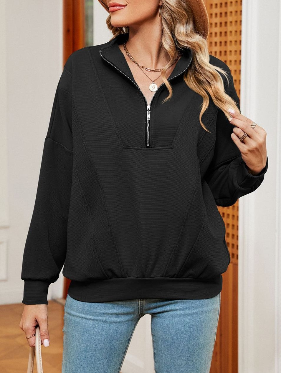 Half Zip Stand Collar Oversized Sweatshirt - Black