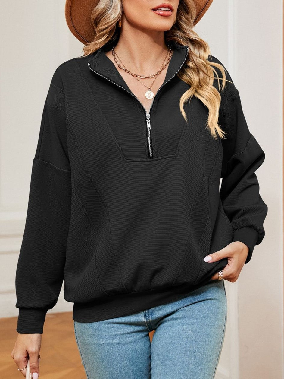 Half Zip Stand Collar Oversized Sweatshirt - Black - 1