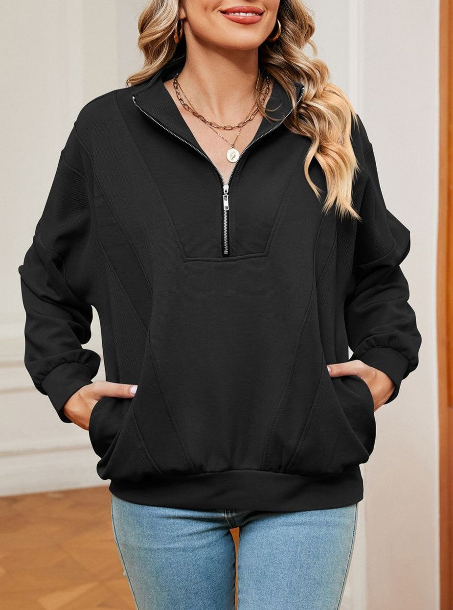 Half Zip Stand Collar Oversized Sweatshirt - Black - 2
