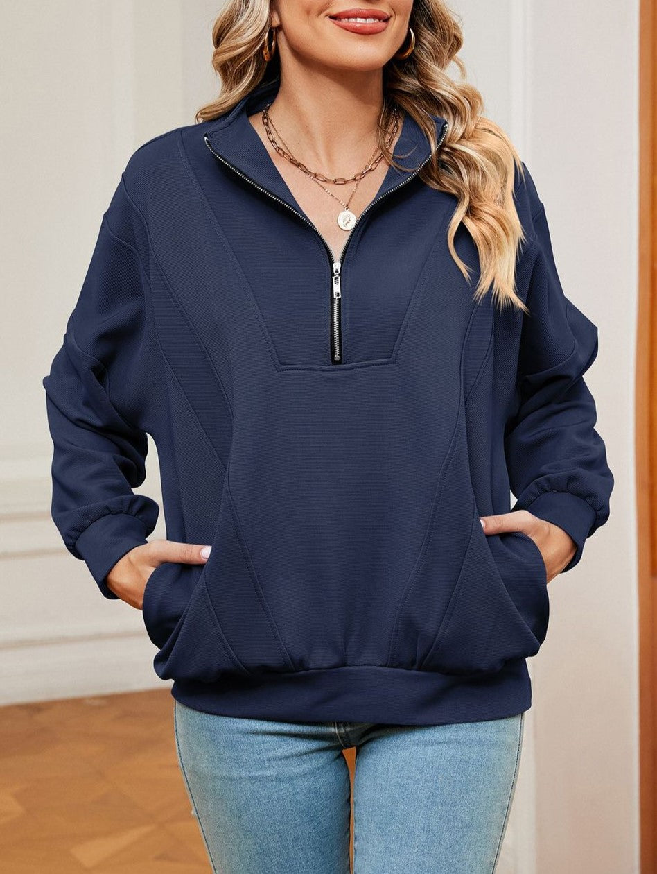 Half Zip Stand Collar Oversized Sweatshirt - Navyblue - 2