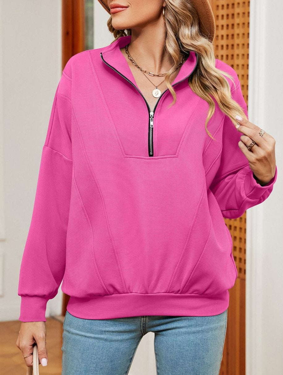 Half Zip Stand Collar Oversized Sweatshirt - Rosered
