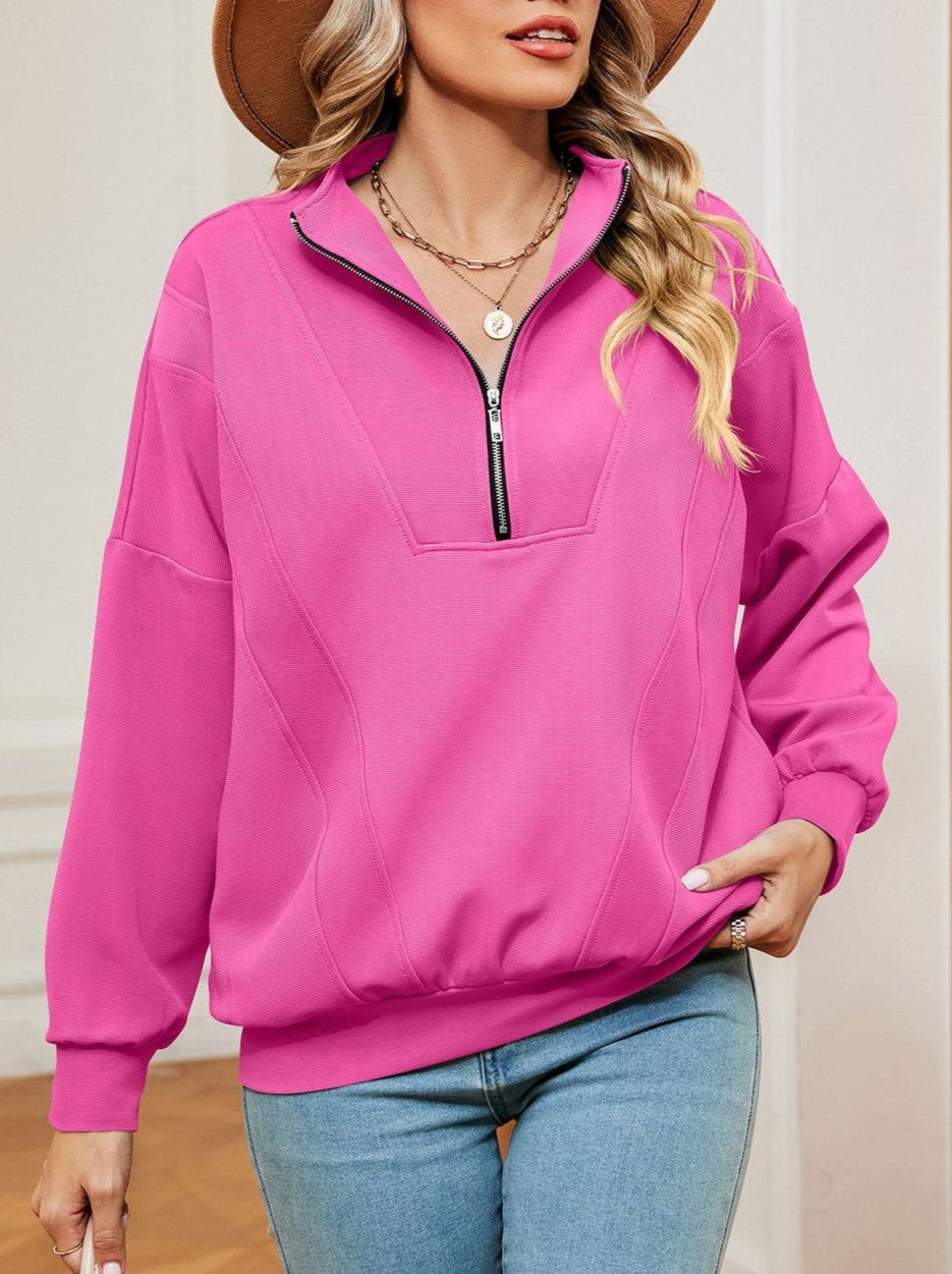 Half Zip Stand Collar Oversized Sweatshirt - Rosered - 1
