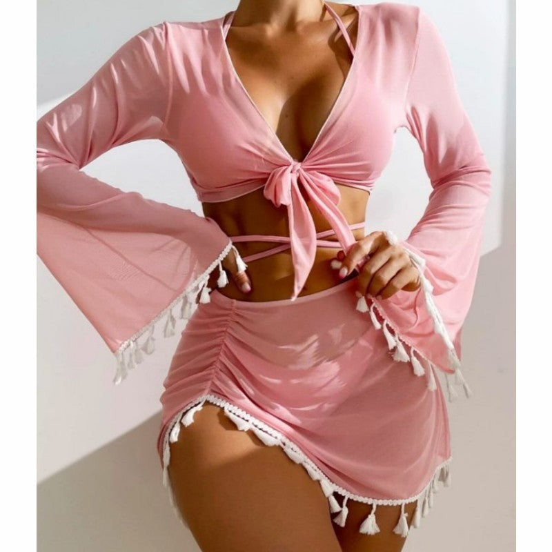 Tassel Trim Bikini And Cover Up Set - Pink