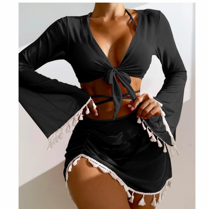 Tassel Trim Bikini And Cover Up Set - black