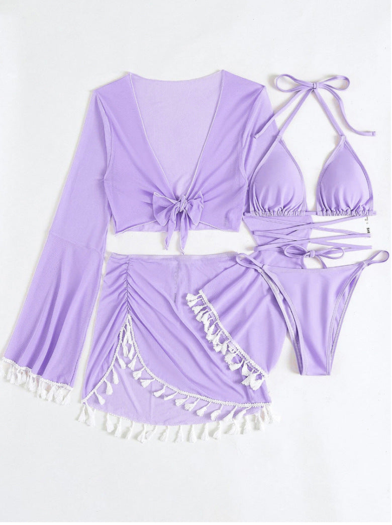 Tassel Trim Bikini And Cover Up Set