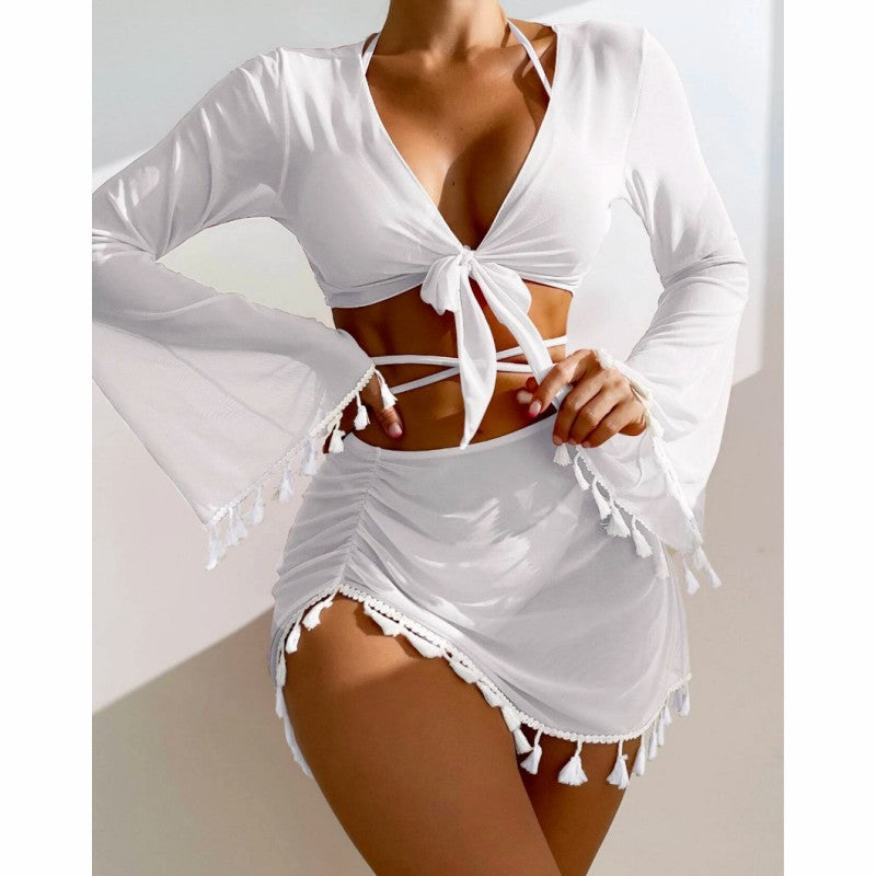 Tassel Trim Bikini And Cover Up Set - white