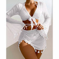 Tassel Trim Bikini And Cover Up Set - white