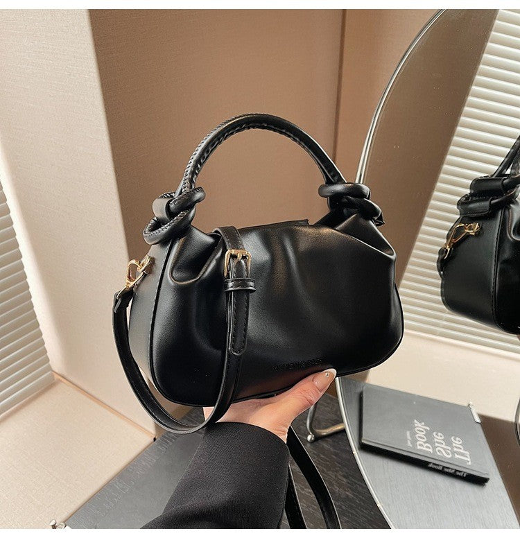 Ruched Knot Handle Mini Bag with Crossbody Strap - Black