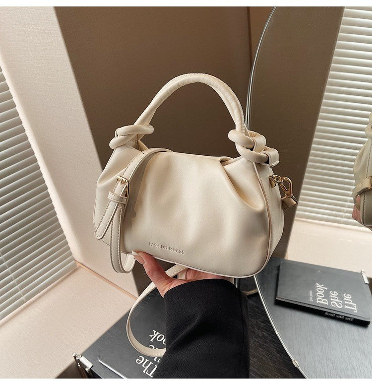 Ruched Knot Handle Mini Bag with Crossbody Strap - Cream