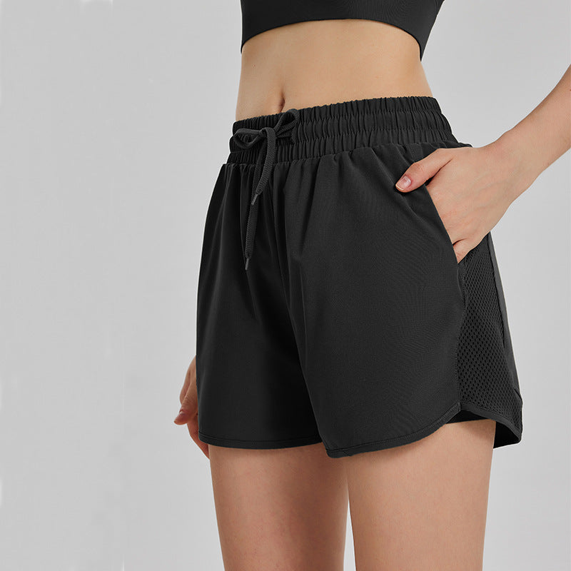 Mesh Panel Drawstring Athletic Shorts With Liner - Black