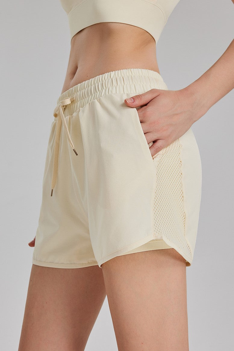 Mesh Panel Drawstring Athletic Shorts With Liner - Butter