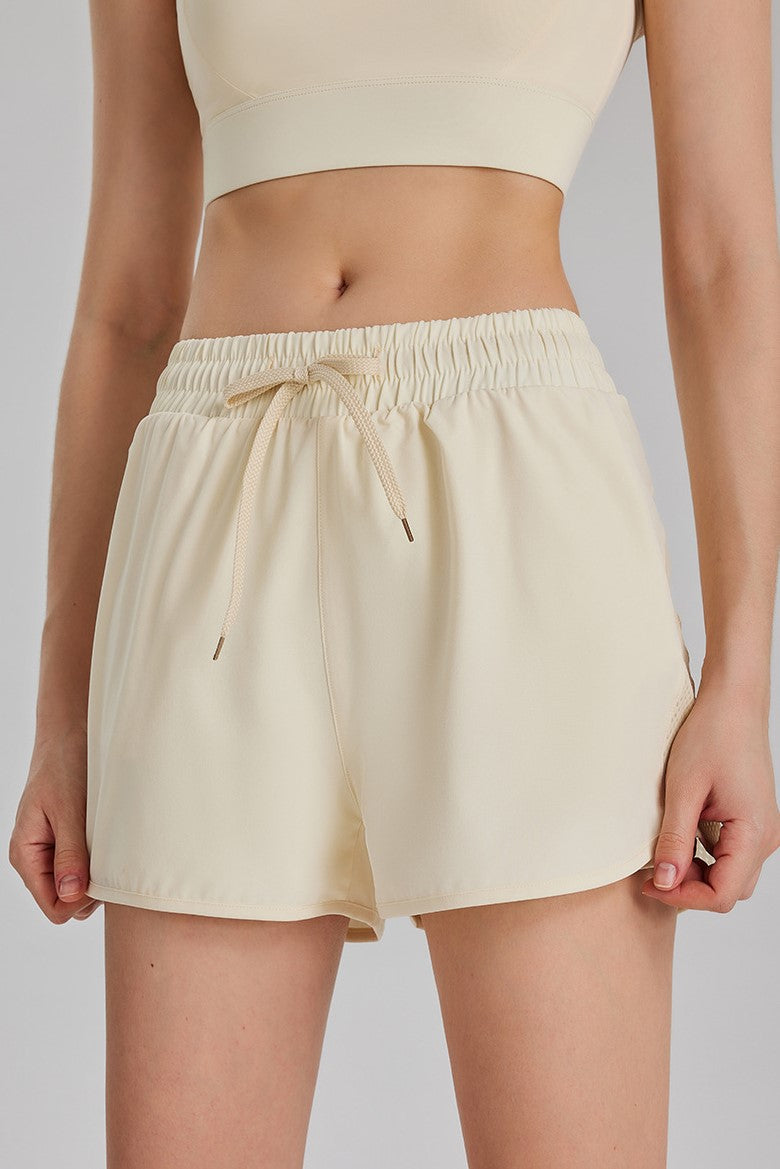Mesh Panel Drawstring Athletic Shorts With Liner - Butter - 2