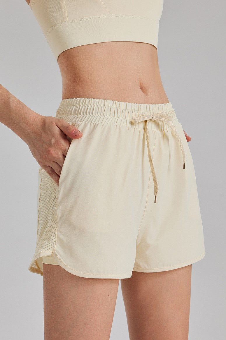 Mesh Panel Drawstring Athletic Shorts With Liner - Butter - 3