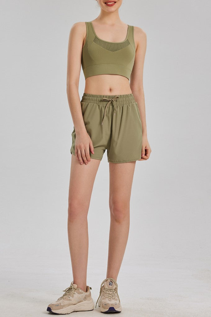 Mesh Panel Drawstring Athletic Shorts With Liner - Olive - 2