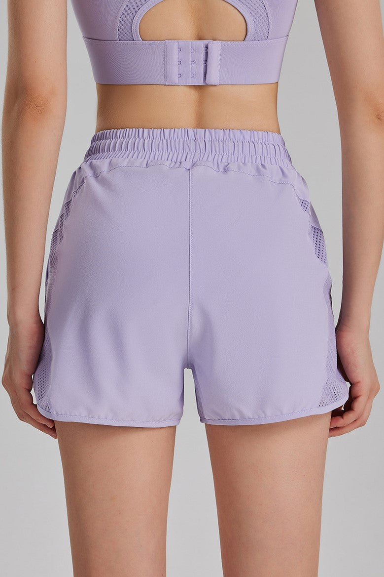 Mesh Panel Drawstring Athletic Shorts With Liner - Purple - 3