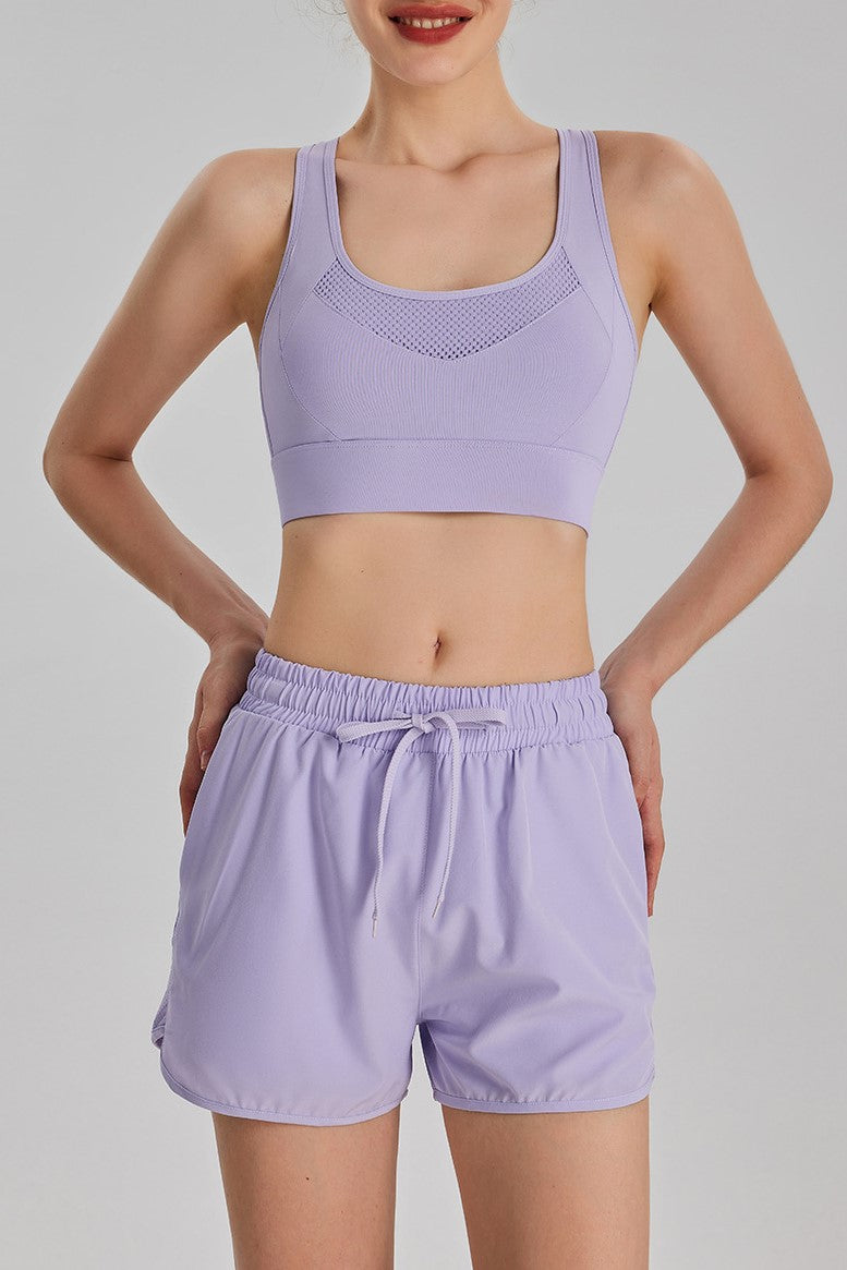 Mesh Panel Drawstring Athletic Shorts With Liner - Purple - 4