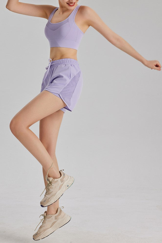 Mesh Panel Drawstring Athletic Shorts With Liner - Purple - 5