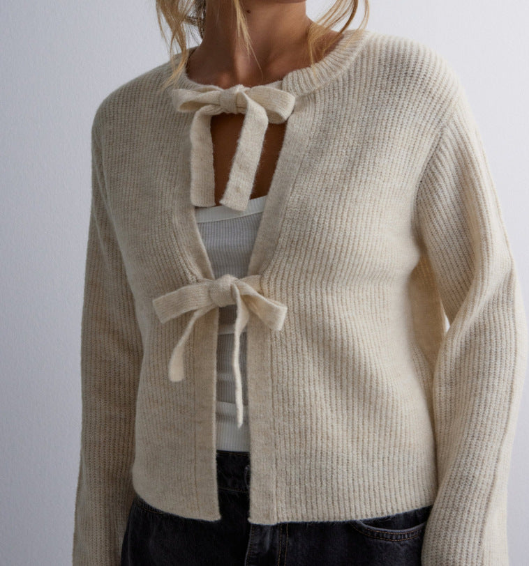 Double Bow Ribbed Knit Open Cardigan - Beige - 1