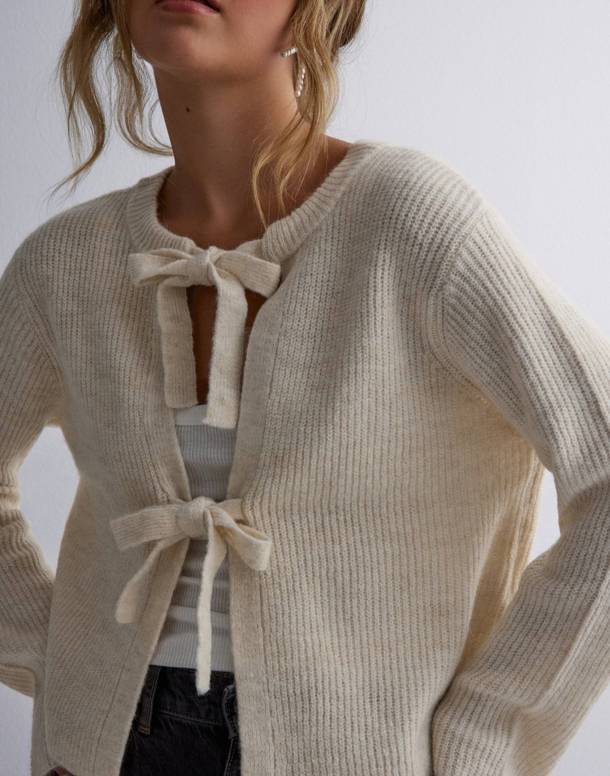 Double Bow Ribbed Knit Open Cardigan - Beige - 2