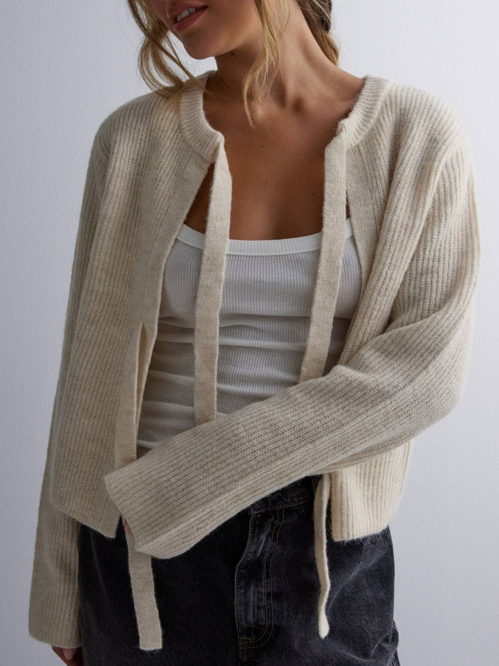 Double Bow Ribbed Knit Open Cardigan - Beige - 3